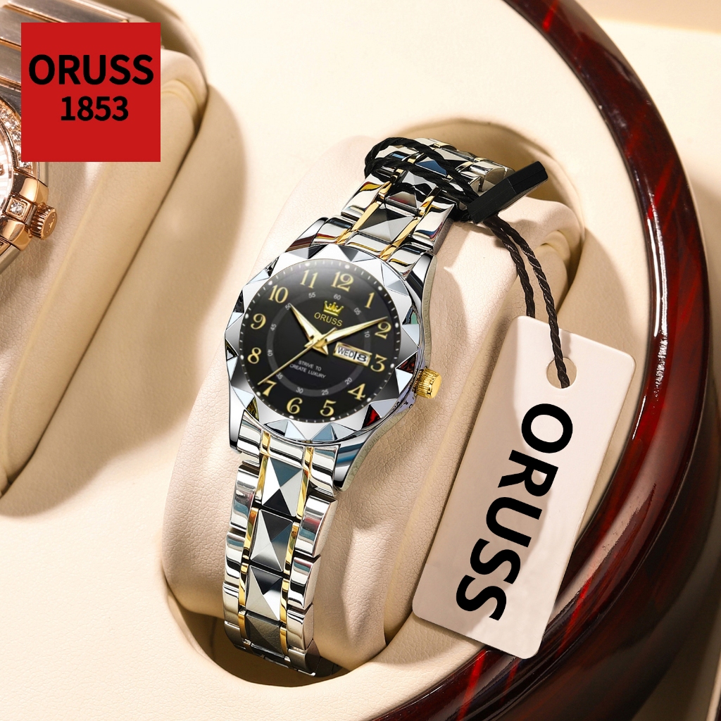 ORUSS Original Feminino Luxo Aço Inoxidável Calendário Duplo À Prova D 'Água Lum