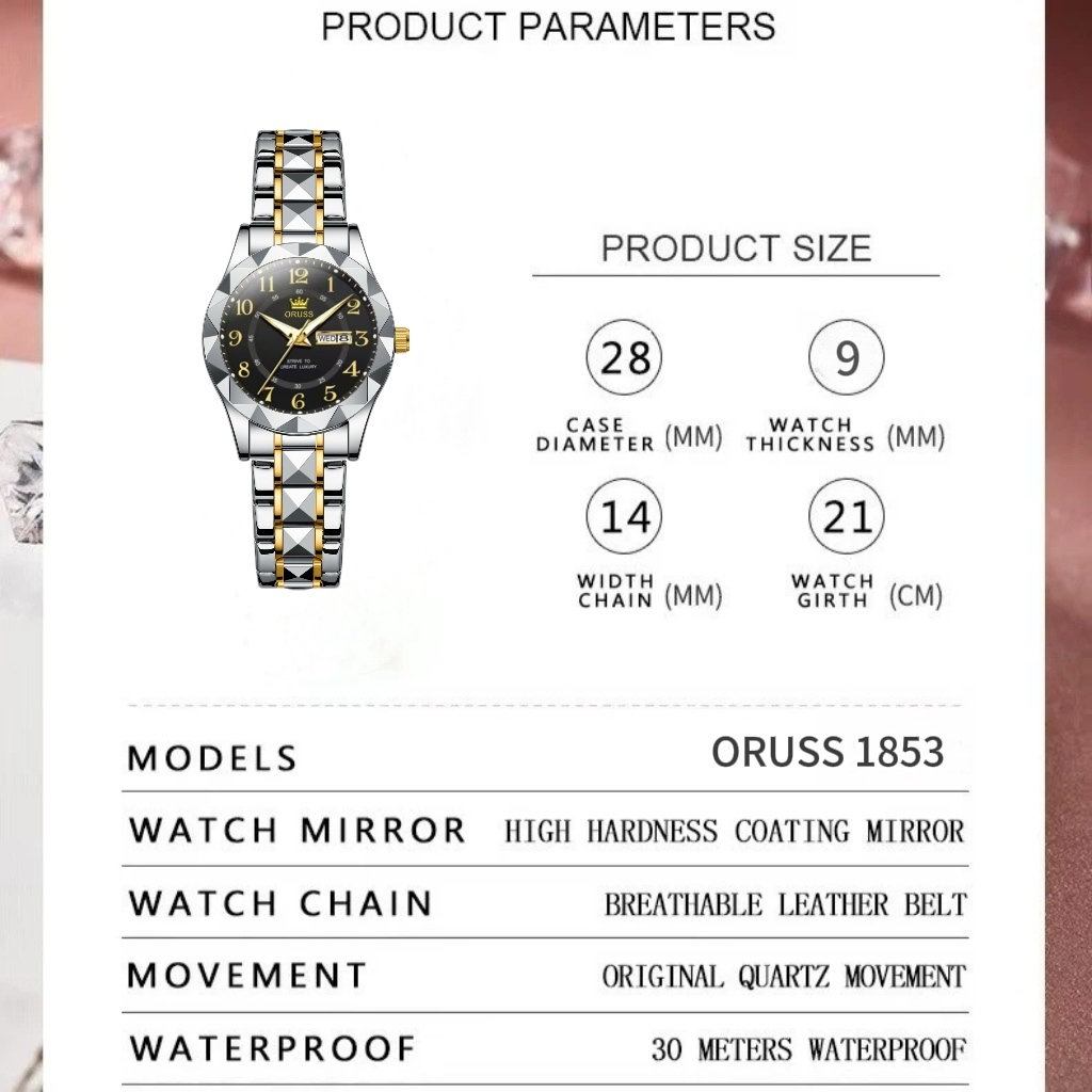 ORUSS Original Feminino Luxo Aço Inoxidável Calendário Duplo À Prova D 'Água Luminosa Moda Pequeno Relógio Versão Corean · foto 2