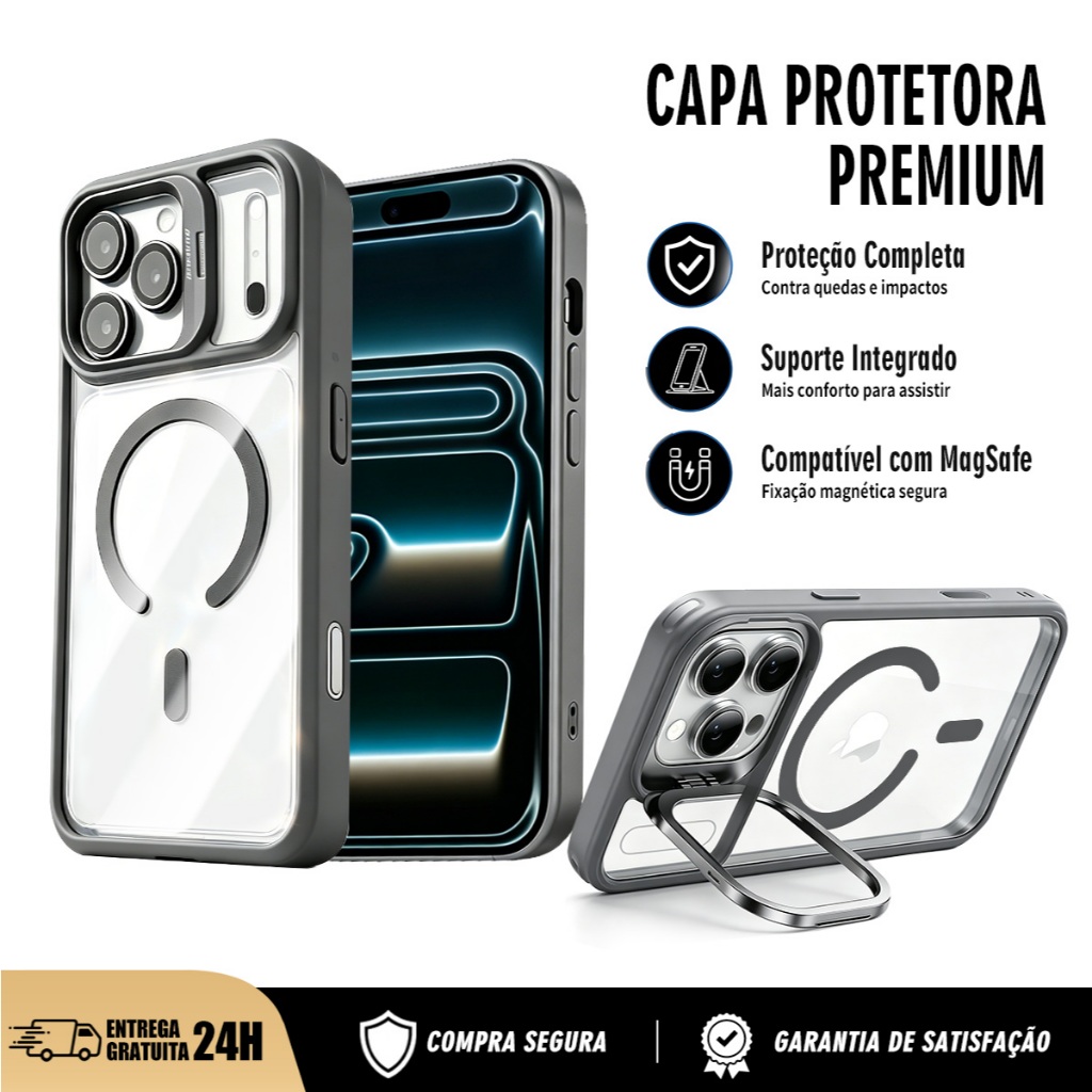 Capa De Telefone Transparente Magnética Adequada compatível iPhone 17/16/15/14/13 Pro Max e Pro com suporte metálico