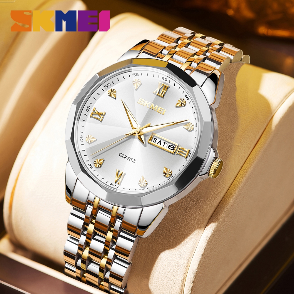 SKMEI 7070 Relógio Masculino Analógico de Quartzo Aço Inoxidável Dourado e Prata Mostrador Azul Calendário