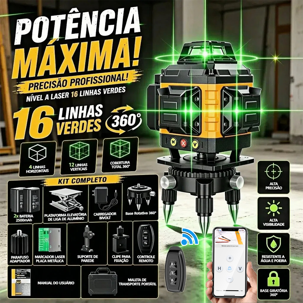 Nível Laser 4D 16 Linhas APP Profissional Verde Com Kit Completo 2 Baterias Recarregável + Maleta