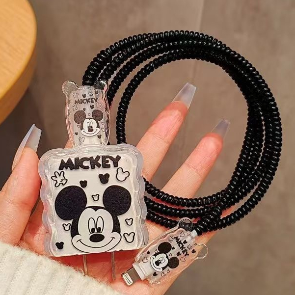Estojo de carregamento para iPhone 18W/20W, estojo de carregamento transparente, Design preto de listra do Mickey Mouse,