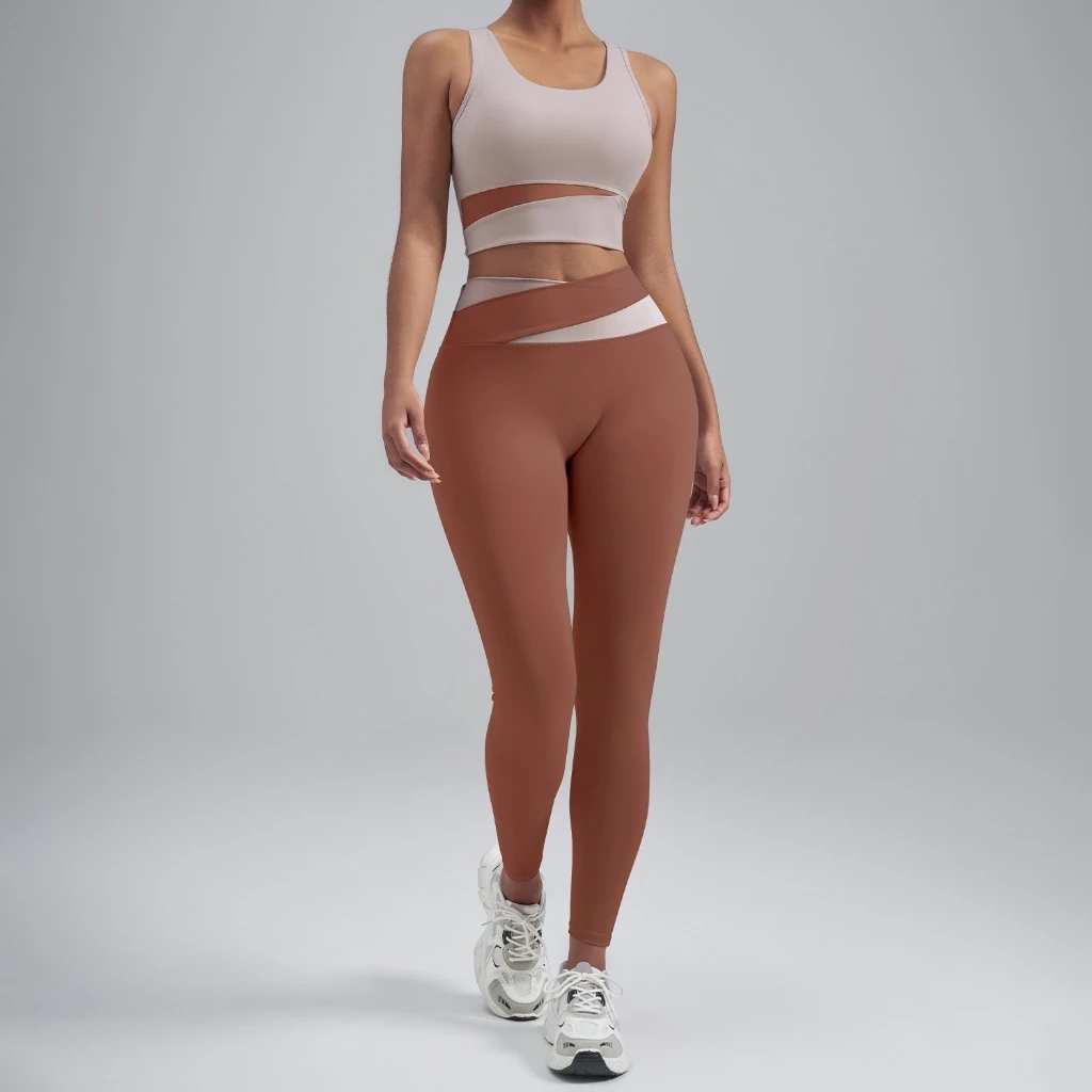 Conjunto Feminino De 2 Peças Com Bloco Colorido Para Ioga , Sutiã Esportivo Sem Mangas Recorte , Cintura Alta , Leggings — imagem 1