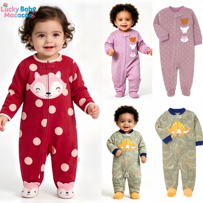 Lucky Baby Macaquinho Bebê Fleece Quentinho Estampado Zíper Manga Longa Pijama Outono Inverno 0-12M