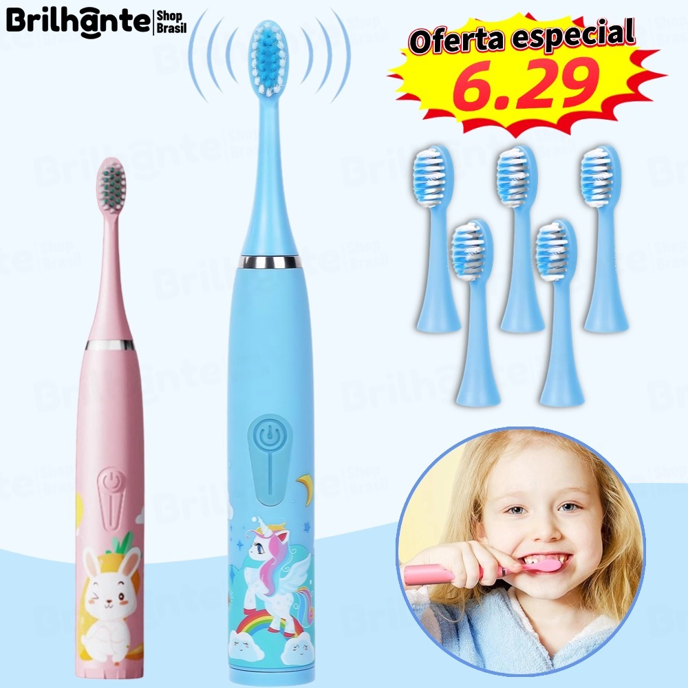 Escova Dental Elétrica Ultra-Sônica Para Crianças Acústica Onda Fofa Cabelos Suaves Dupla Face Limpa Cuidados