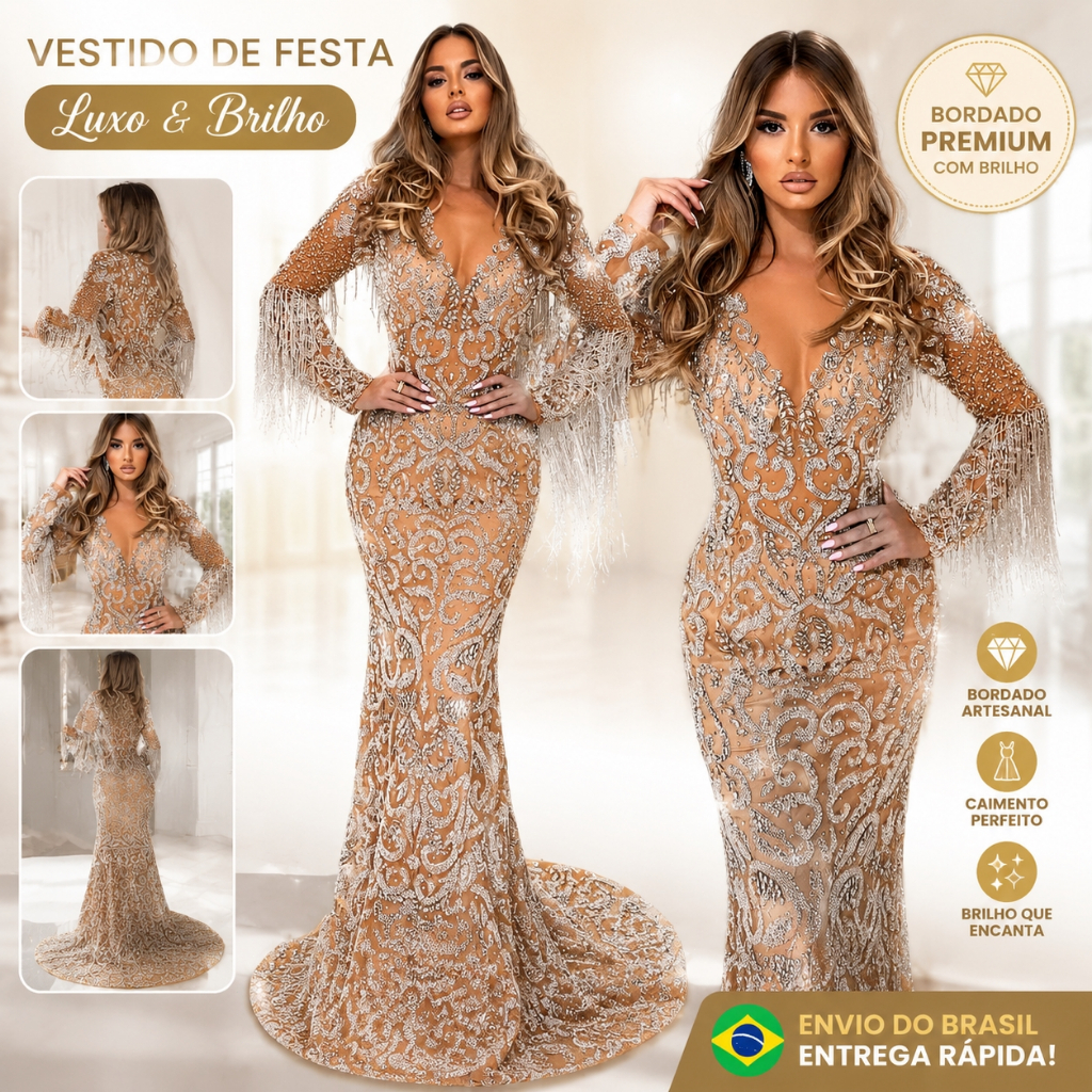 Vestido de festa longo rabo de peixe com borla dourada polvilhada, versão requintada e atraente, adequado para viagens n