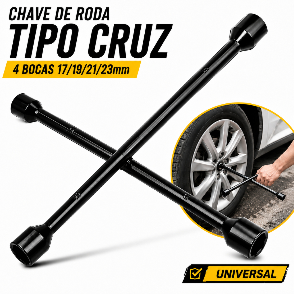 Chave de Roda Cruz Multifuncional 17/19/21/23mm em Aço Resistente Modelo