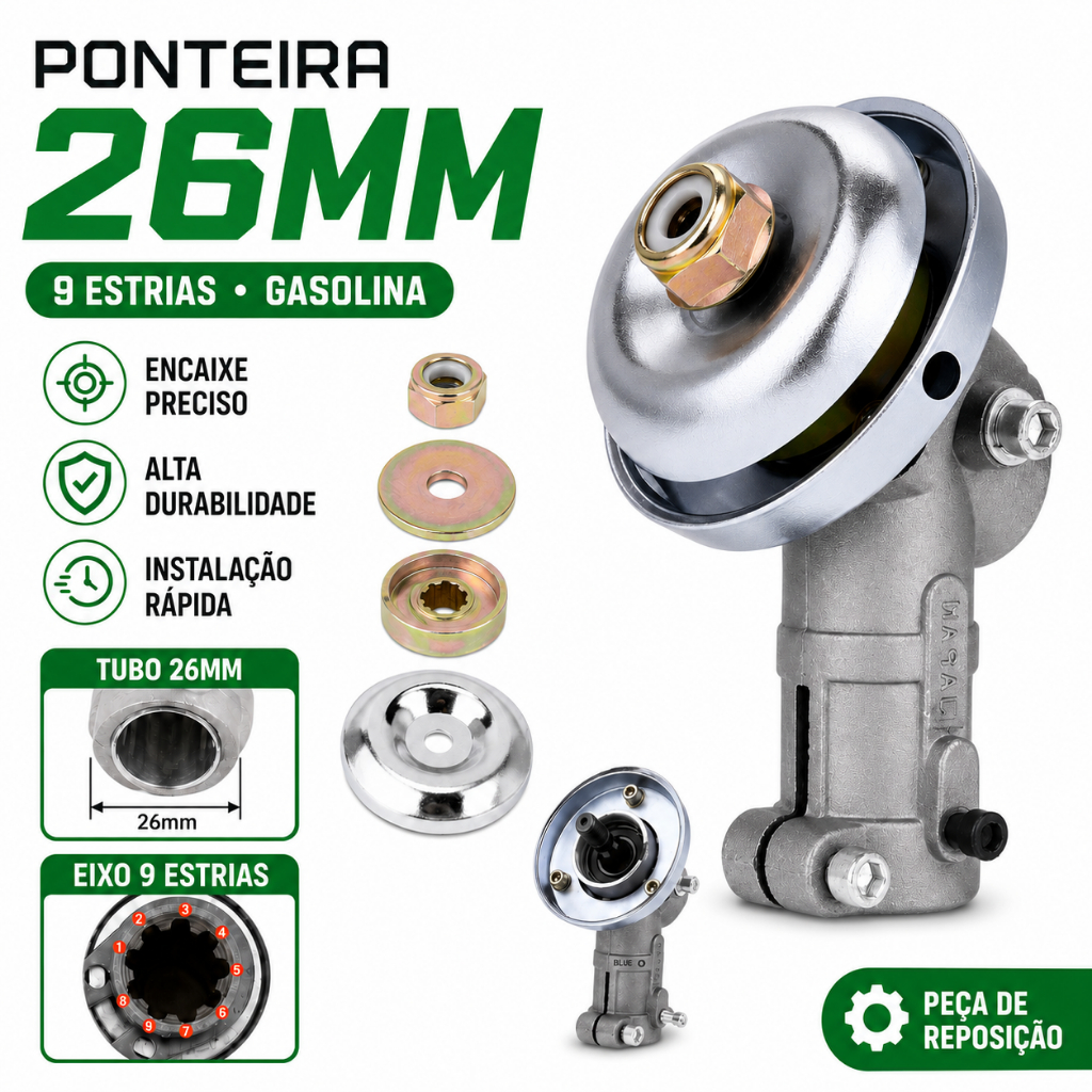 Ponteira Roçadeira Gasolina 9 Estrias com Eixo 26 Mm