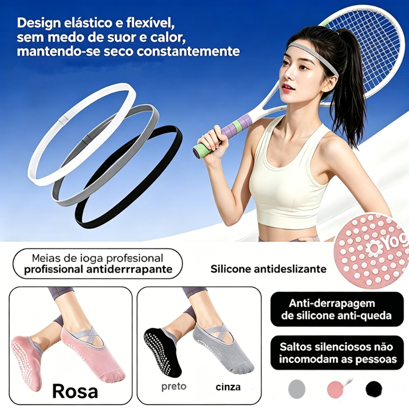 3 pares meias yoga silicone antiderrapante + 3 tiaras anti-suor atletas, yoga e treino físico