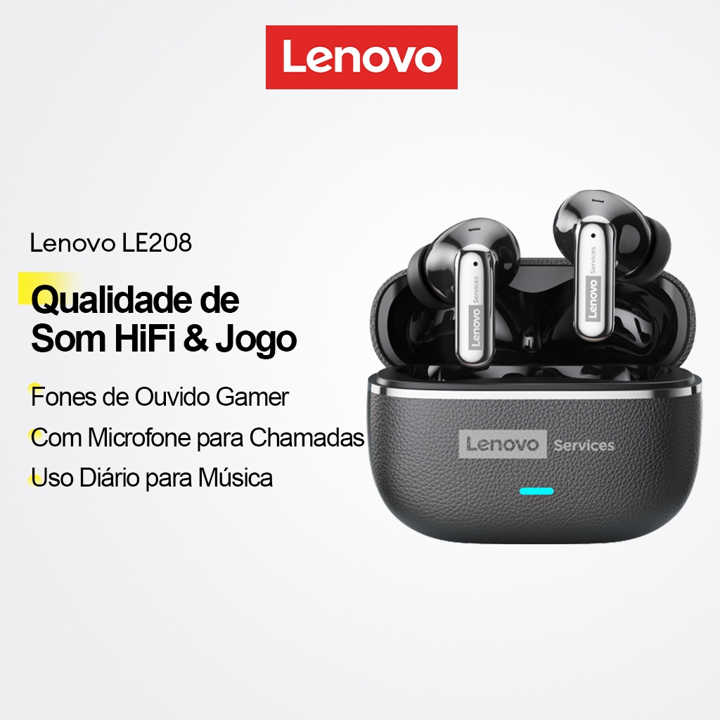 Lenovo LE208 Fones De Ouvido Para Jogos Bluetooth Qualidade Som Alta Fidelidade Com Microfone Chamadas Música Uso Diário