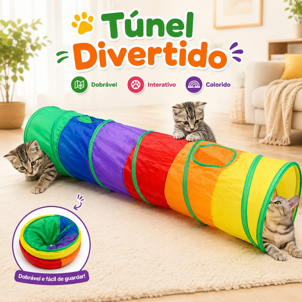 Túnel Labirinto Dobrável para Gatos Brinquedo Interativo Colorido em Poliéster com Alça para Transporte