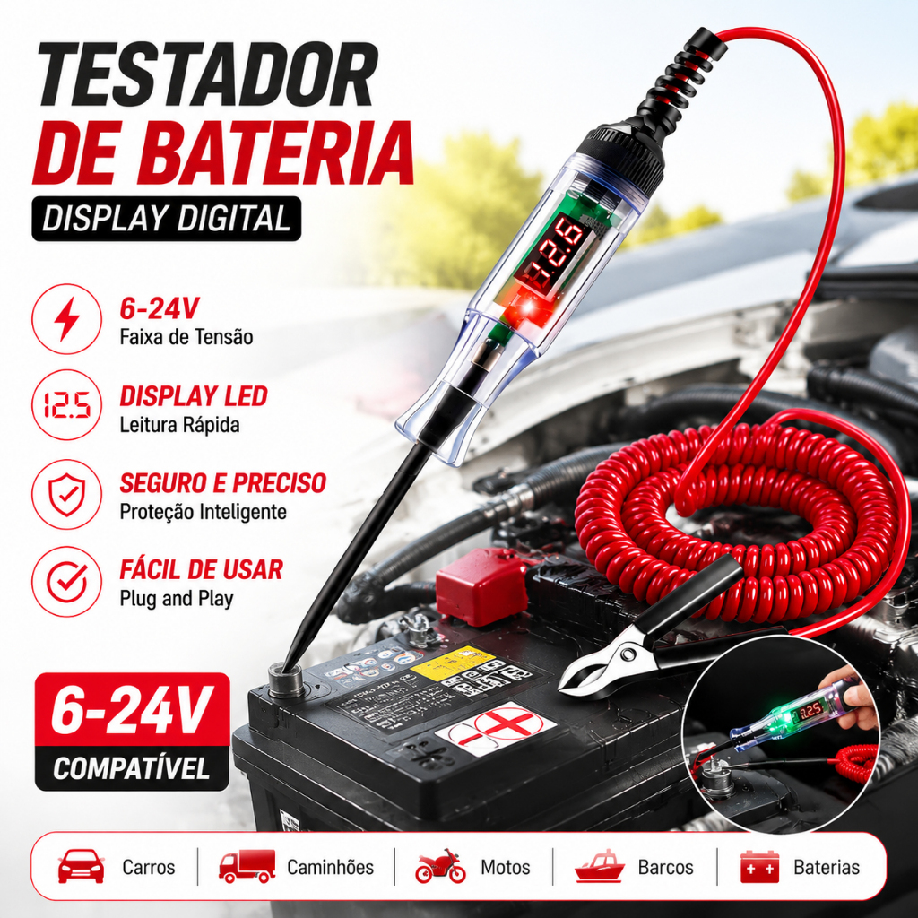 Testador de Luz Automotivo Digital LED 6V-24V com Voltímetro e Sonda para Verificação de Carro
