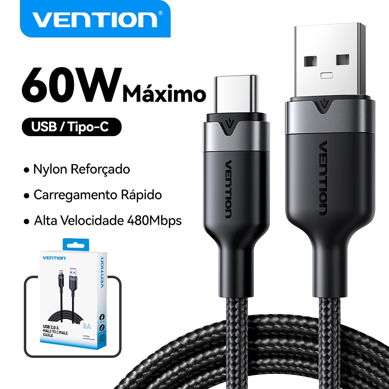 Vention USB A Para C Cabo 3A Saída 480Mbps Transferência De Alumínio Shell Soft Durável Smartphones Laptops