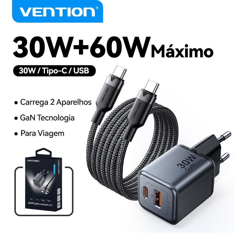 Carregador Rápido De Parede Vention USB-A 30w Turbo Type-C Com Cabo Cc