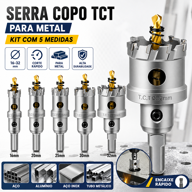 Kit 5 Brocas Serra Copo Furar Ferro Aço Metal 16/20/25/30/32mm para Aço Inox Alumínio Ferro Tubo Metálico