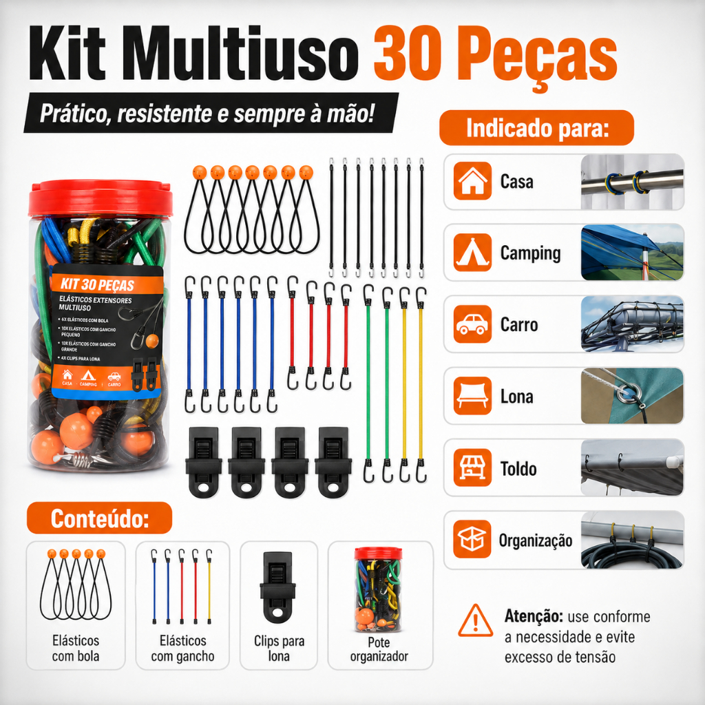Corda Elástica Profissional 30 Peças com Caixa - Ideal para Esticar, Amarrar, Fixar Lona e Cama Elástica (Trampolim)