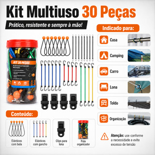 Corda Elástica Profissional 30 Peças com Caixa - Ideal para Esticar, Amarrar, Fixar Lona e Cama Elástica (Trampolim)