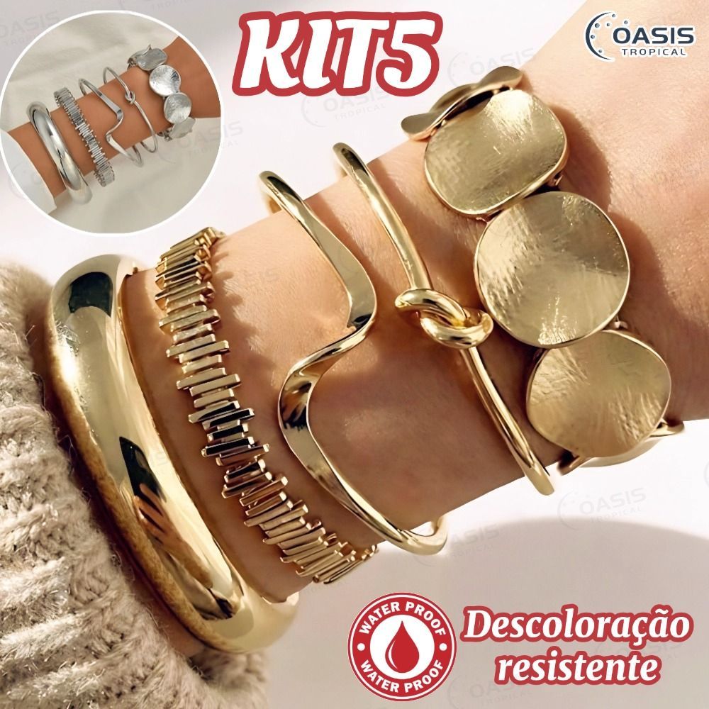 Kit 5 Pulseiras Femininas Ajustáveis Estilo Praia Boho Chic Dourado/Prata Conjunto Elegante Moda Verão