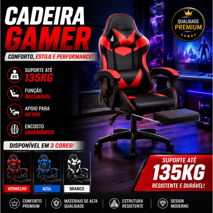 Cadeira Gamer Ergonômica Reclinável com Almofadas para Lombar e Cervical – Couro