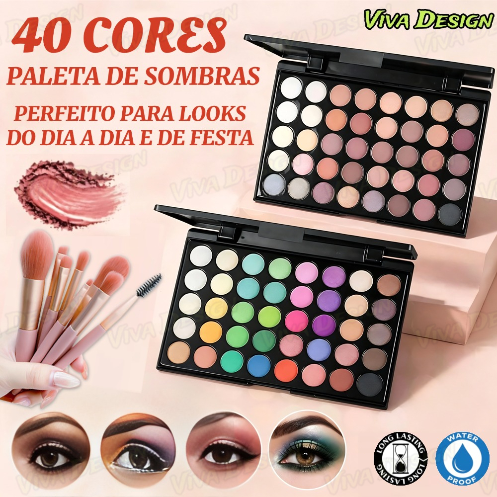 Paleta de Sombras com 40 Cores - Acabamento Matte e Shimmer, Alta Pigmentação, Efeito Esfumado e Longa Duração.