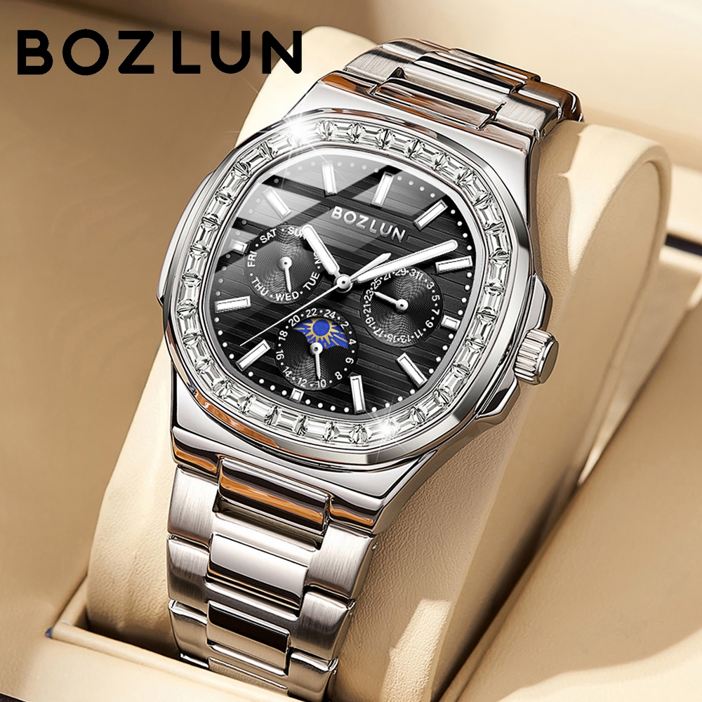 BOZLUN BZ-037 Relógio Masculino Analógico Quartzo Aço Inoxidável Calendário 3ATM Resistente à Água Elegante