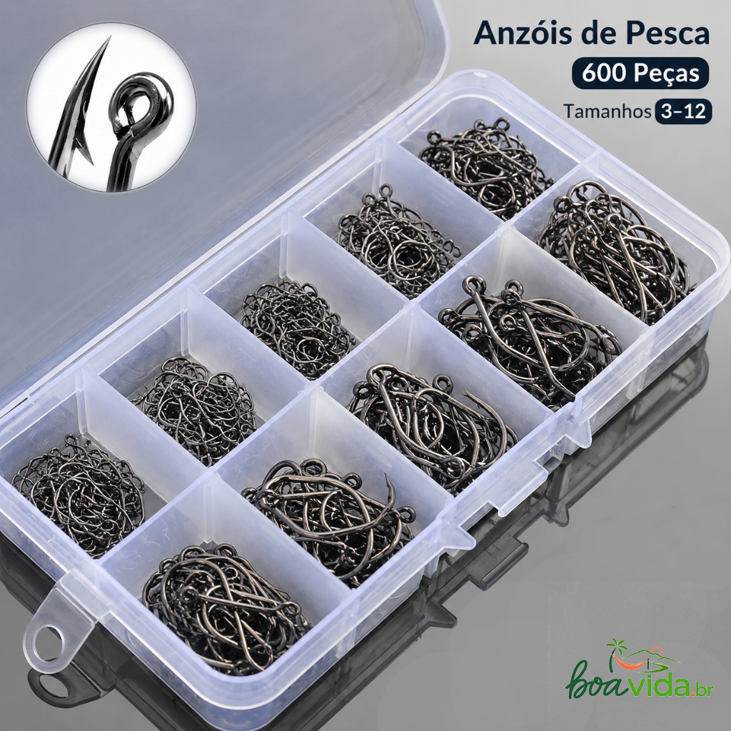 Kit de Pesca 600 Anzóis De Tamanhos 3 A 12 Com Estojo De Armazenamento