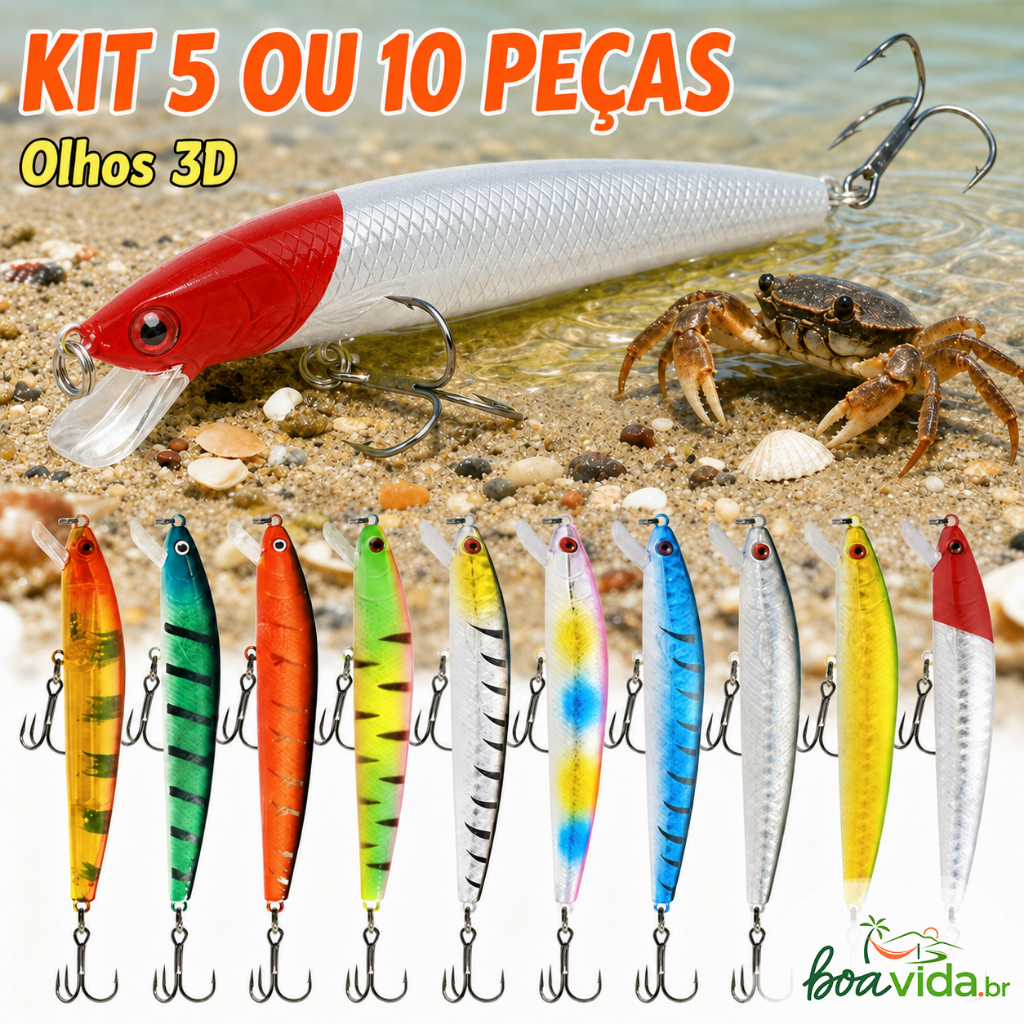 Kit 10 Iscas Artificiais Importadas 1/2 Meia Água de 10 cms e 9 gramas Pesca Tucunaré Traíra Dourado Robalo Black Bas