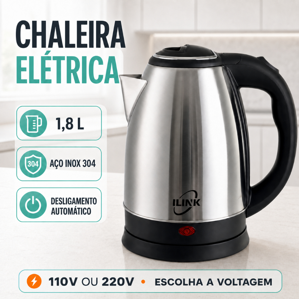110V/220V Chaleira Elétrica 1,8L em Aço Inoxidável, Desligamento Automático, Base Giratória 360°