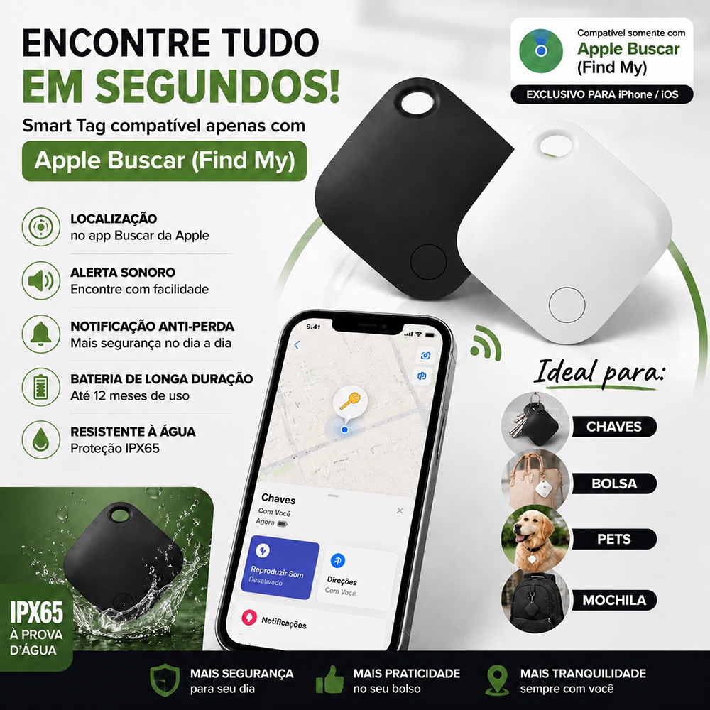 Mini Rastreador Smart Tag Inteligente iOS Certificado App Oficial Distância Global GPS Anti-Perda com Alerta