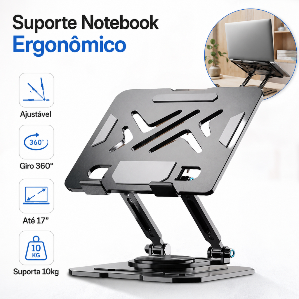 Suporte de Metal Ajustável Para Notebook 10 Ate 17" Giratória de 360°