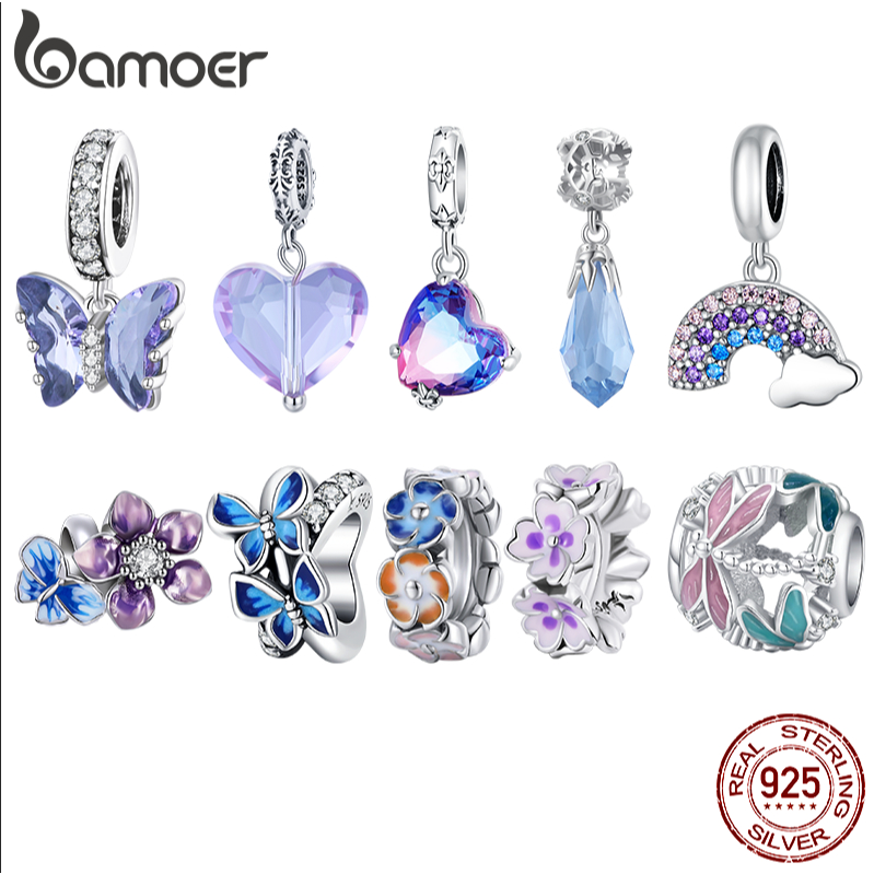 Bamoer 925 Sterling Silver Butterfly Charms Beads Purple Flower Pingente Arco-Íris Pulseiras Originais De Bricolage Bangle Jewelry Gifts