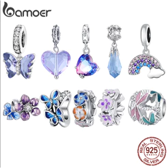 Bamoer 925 Sterling Silver Butterfly Charms Beads Purple Flower Pingente Arco-Íris Pulseiras Originais De Bricolage Bangle Jewelry Gifts