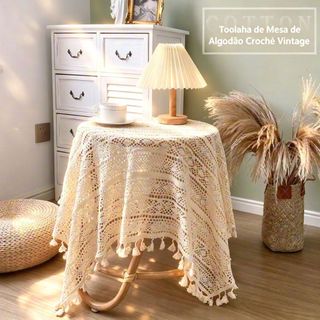 Toalha de Mesa Renda Crochê Vintage com Franjas, Estilo Francês Campo Americano