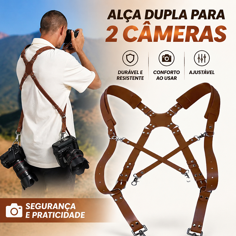 Alça de ombro resistente para câmera DSLR couro legítimo confortável comporta duas câmeras