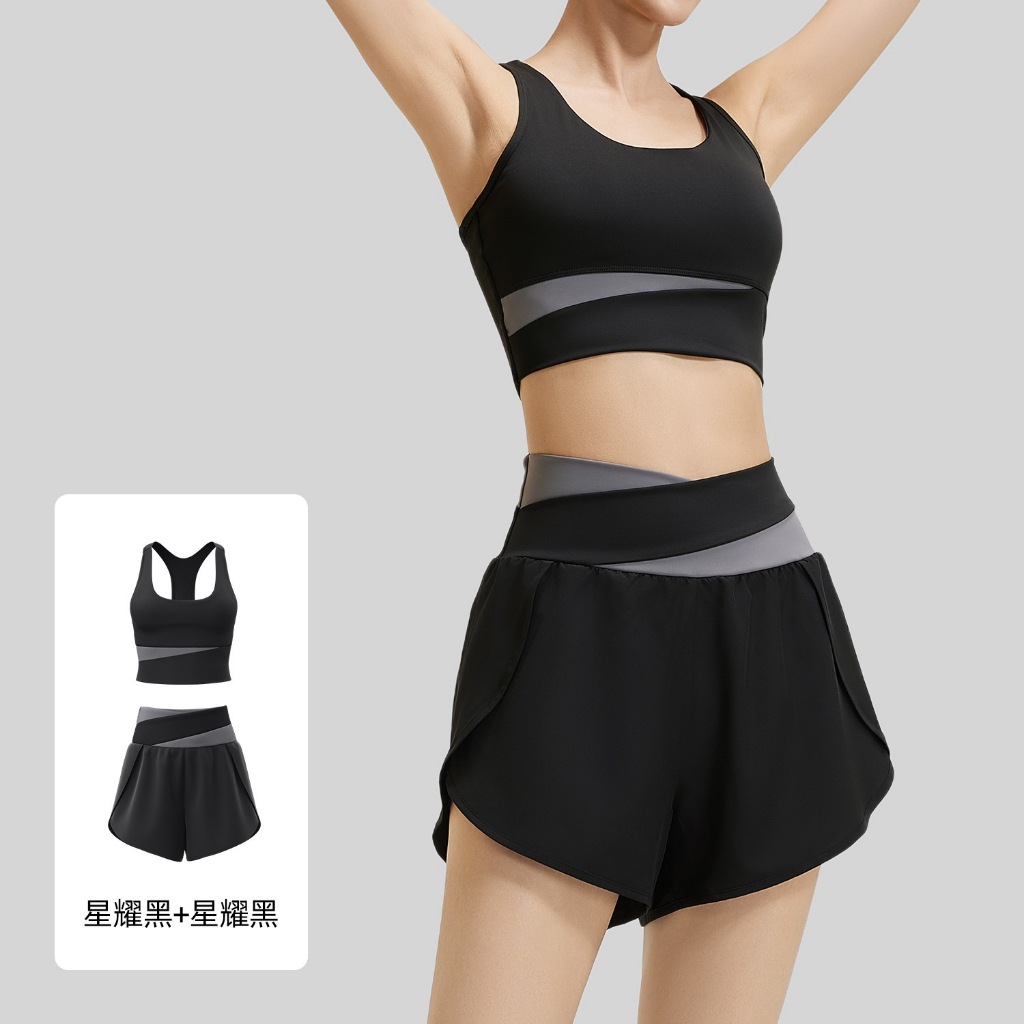 Mulheres 2 Peça Conjunto De Treino Bloco Cor Cruz Cintura Yoga Shorts Racerback Acolchoado Sutiã Esportivo Ginásio Corre