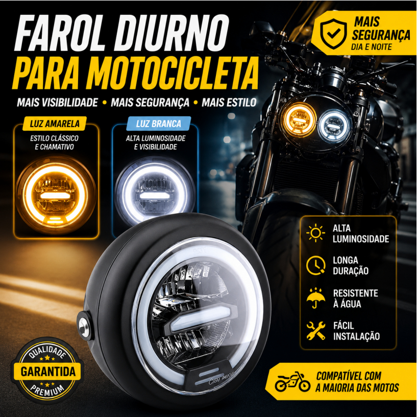 Farol de Moto LED Angel Eyes Redondo Retro Luz Alta e Baixa Luz Diurna Universal CG125 Harley Modificado
