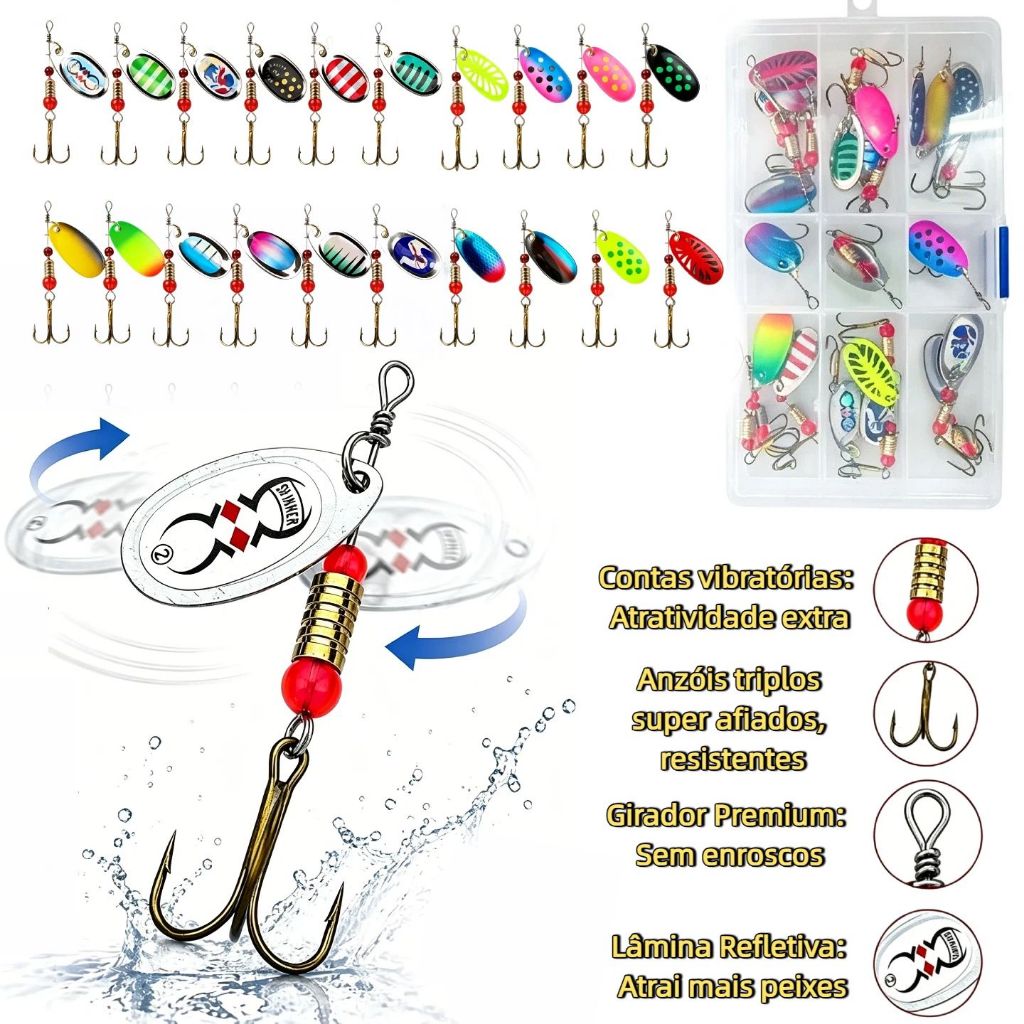 Kit 20 Iscas Artificiais Metálicas Colher Spinner Tucunaré Tilápia Colher De Pesca Lure Lantejoulas Spinnerbait