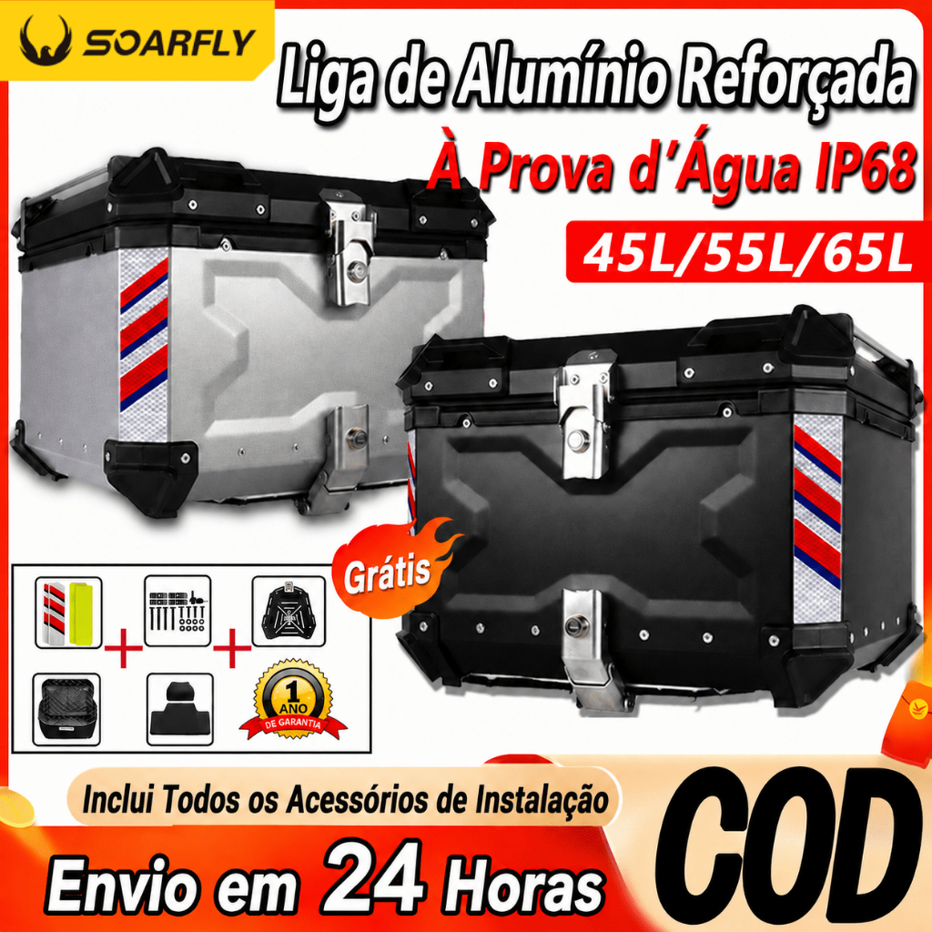 Bau Para Motocicleta 45/55/65L Com Encosto Mala De Abs Preto Capa Traseira Suporte