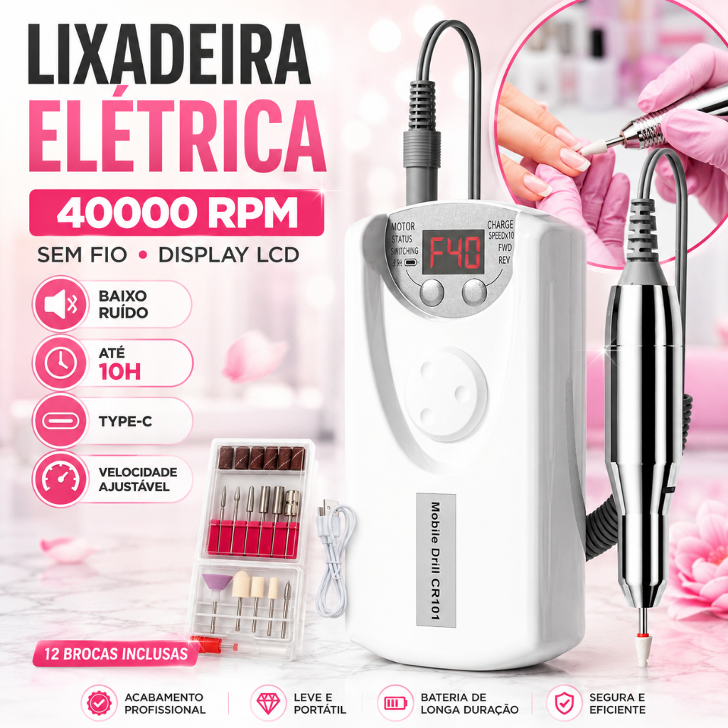 Motor LIXADEIRA portátil 40.000 RPM Bivolt unhas Manicure Pedicure sem fio