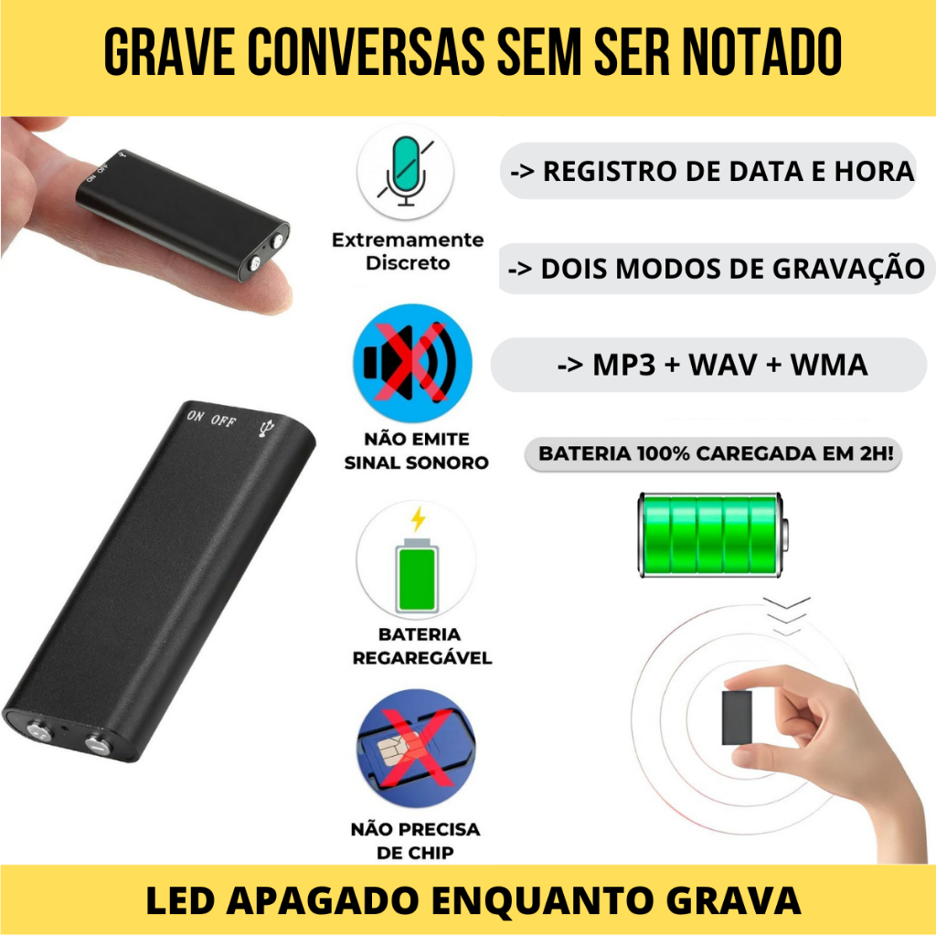 Detalhes do Mini Gravador de Voz Grava 96 Horas - Micro Escuta Profissional