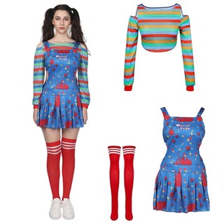 3 Pçs Feminino Assustador Assassino Boneca Traje De Halloween Palhaço Cosplay Vestido Com Listra Arco-Íris Camisa E Meia