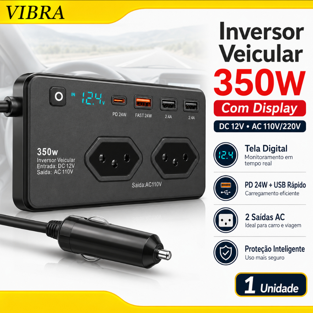 Inverter Converter 350W  12v/24v To 110v/220v Socket + 4 Usb 5v 1.2a 4 Portas USB 5V 1.2A