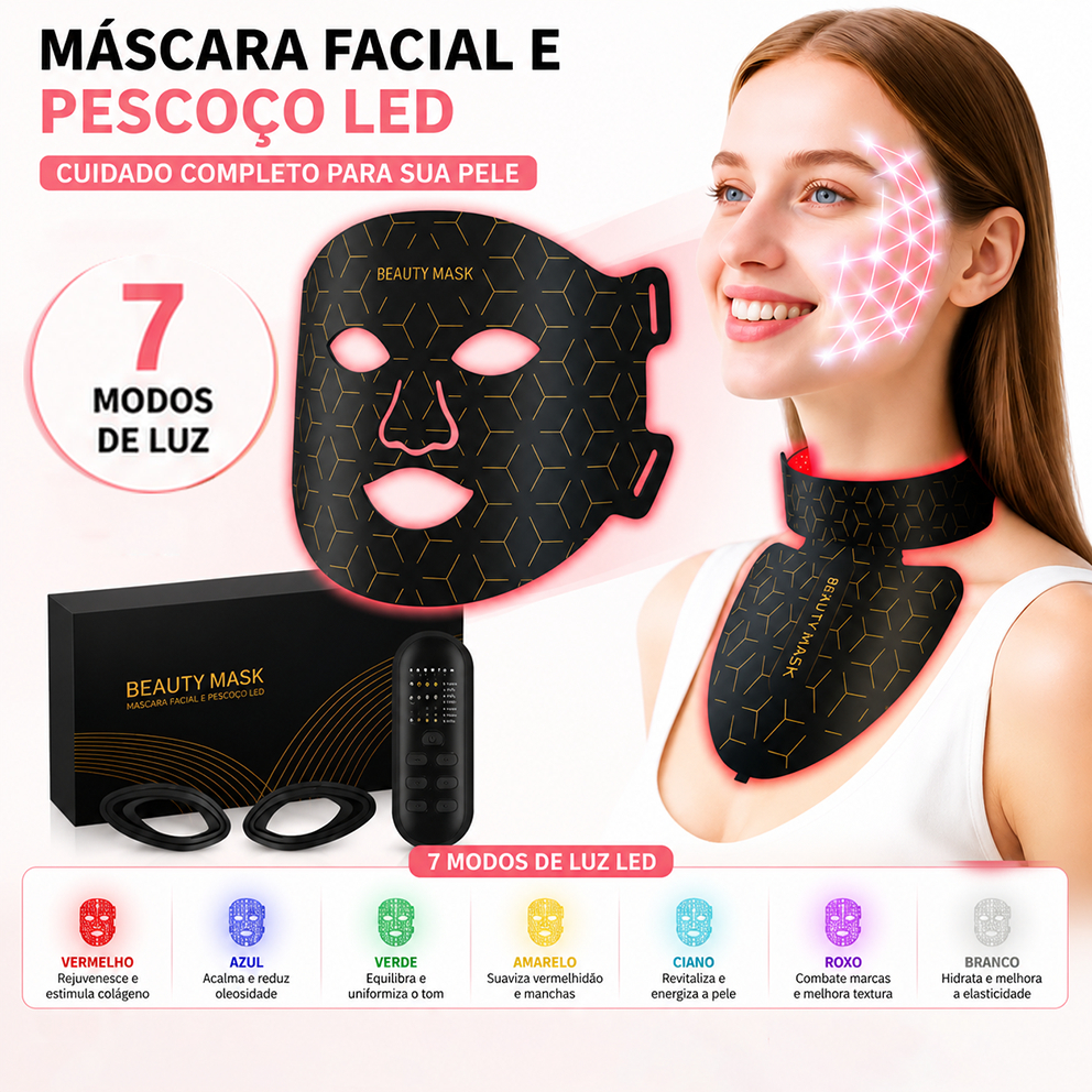 Mascara de Led Facial E Pescoço led Terapia 7 Cores Estetica Fototerapia