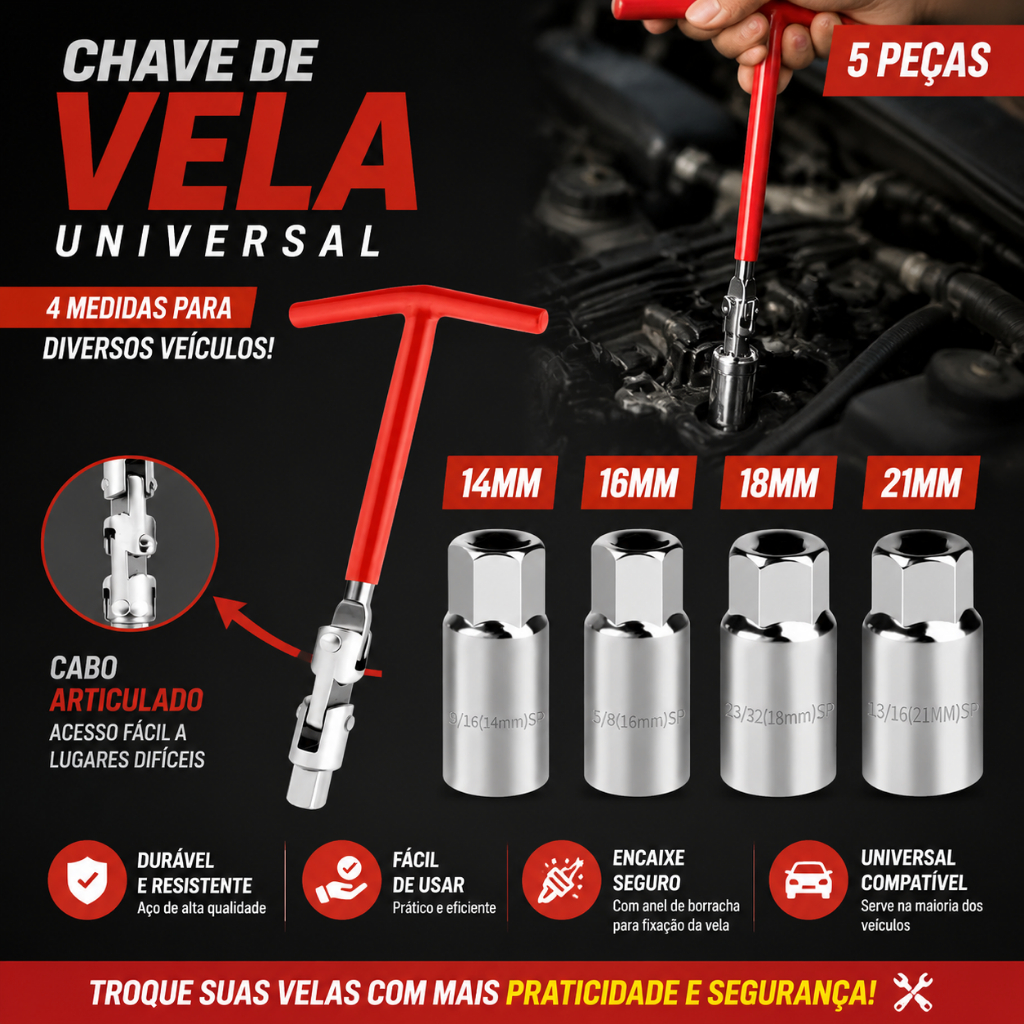 Kit 3/5 peças Chave De Vela Articulada 14/16/18/21mm Automotiva Veicular