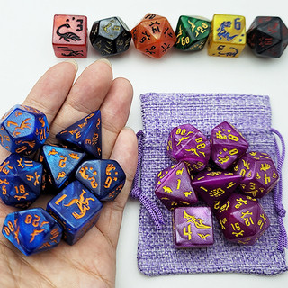 Conjunto 7 Dados RPG Runa de Dinossauros + Bolsa D&D Pathfinder (D6 D20 D10 D12 D4 D8)