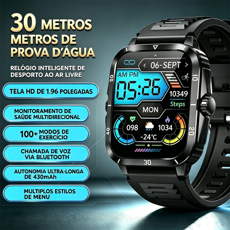 Smartwatch Masculino Esportivo H02 Bluetooth 3ATM À Prova D'água Monitor Cardíaco Caixa Metal Bateria Longa Frete Grátis