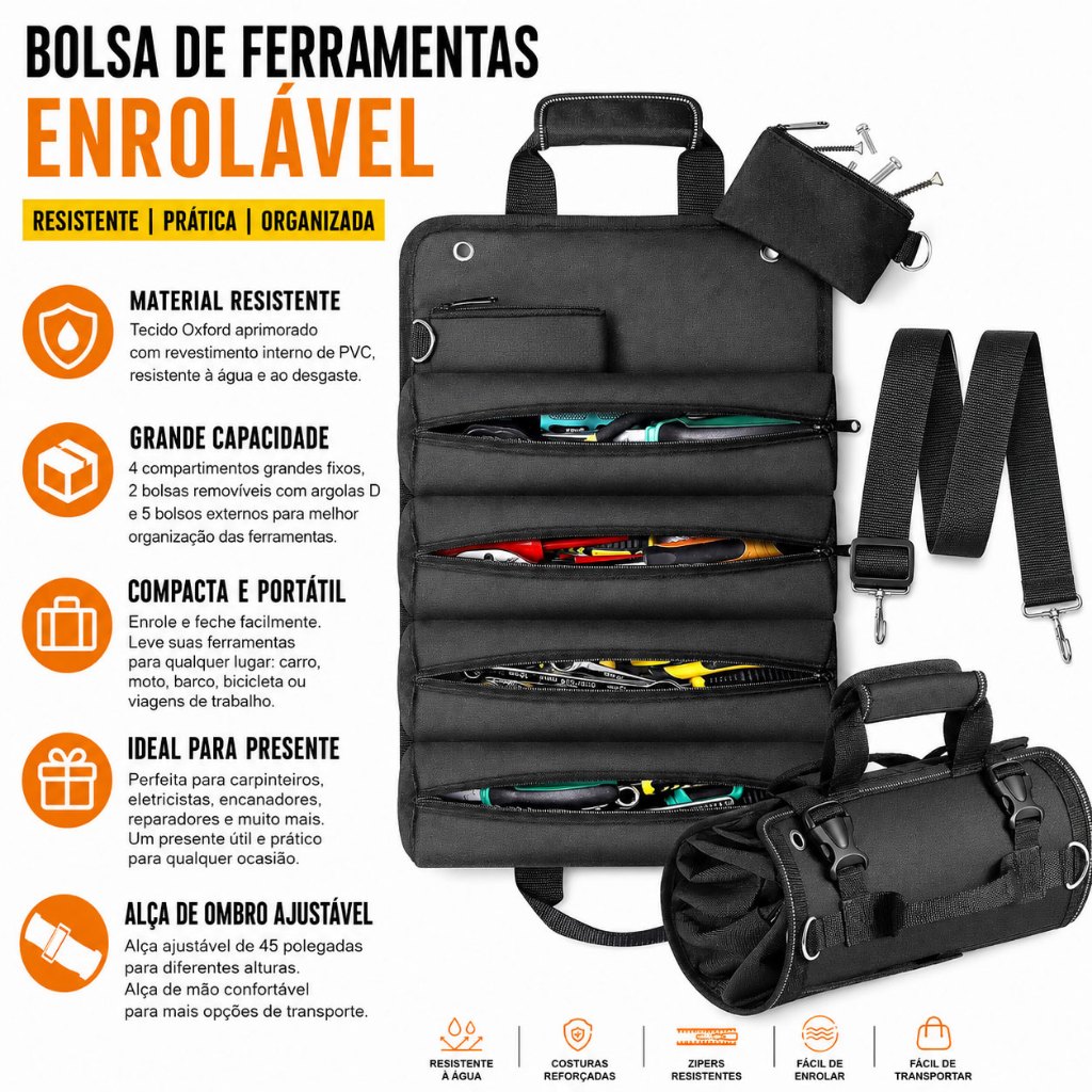 Bolsa De Ferramentas De Enrolar Resistente Com 2 Bolsas Zíper Removíveis , Armazenamento Compacto E Portátil De Grande C