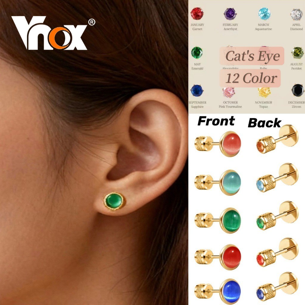 Brinco Redondo De Olho De Gato Banhado A Ouro De Aço Inoxidável Vnox Com Pedra Preciosa Natural Para Mulheres , Joias Da