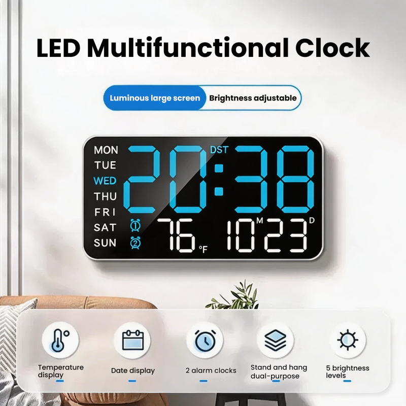 Relógio De Parede Multifuncional LED Eletrônico De Tela Grande Exibição De Temperatura E Umidade Despertador Duplo Brilh