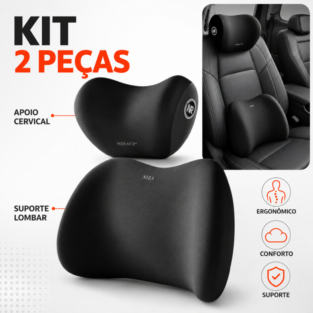 Conjunto De Almofada Para Cabeça E Lombar Veicular Apoio Cadeira Banco Carro Espuma De Memória